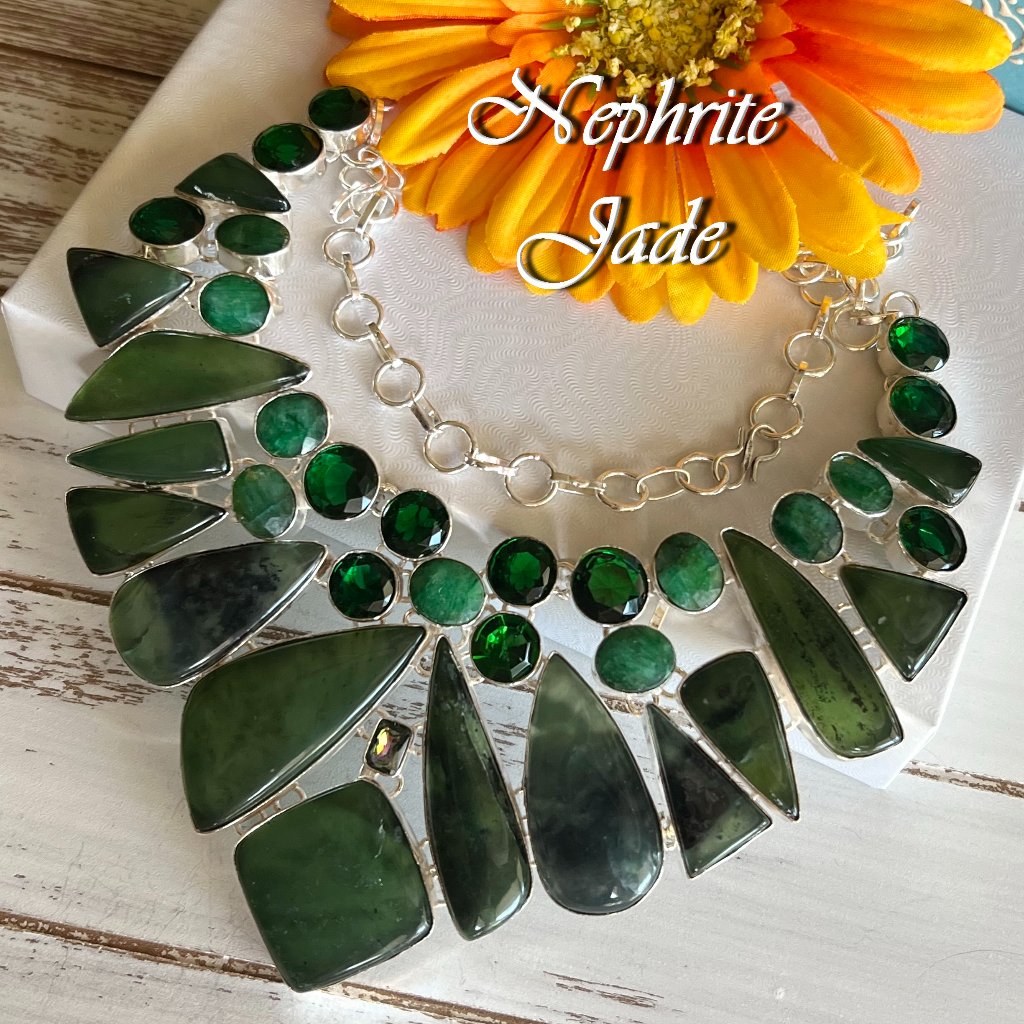 Nephrite Jade Necklace Green Quartz Handmade Gemstone Crystal 925 Silver Large